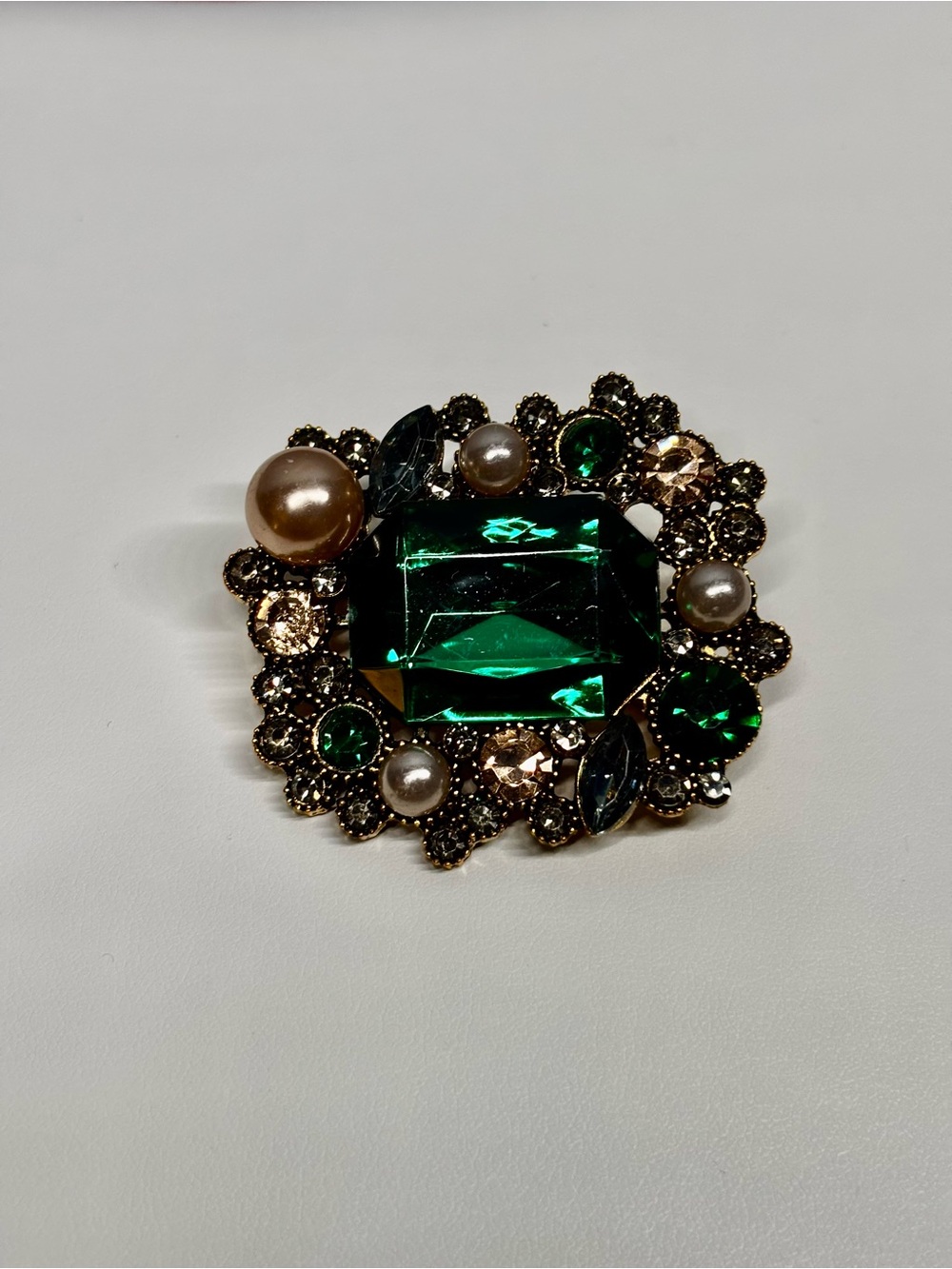 Emerald Green Crystal & Pearl Statement Brooch
